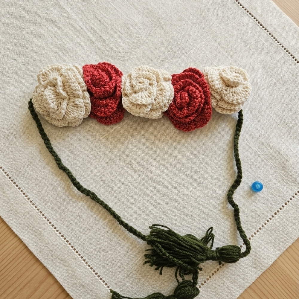 Handcrafted Red and Cream Floral Hair Bun Wrap